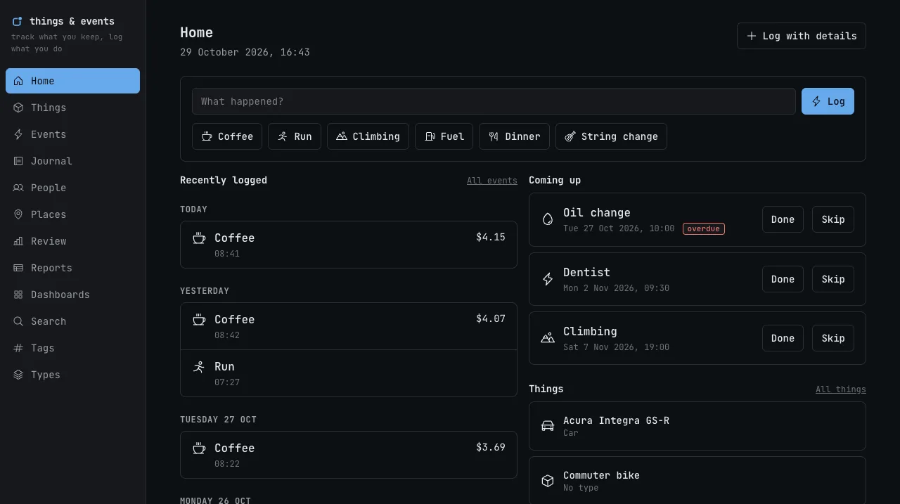 The home page: a box to log something, buttons for the most-used kinds of log, recent logs and what's coming up