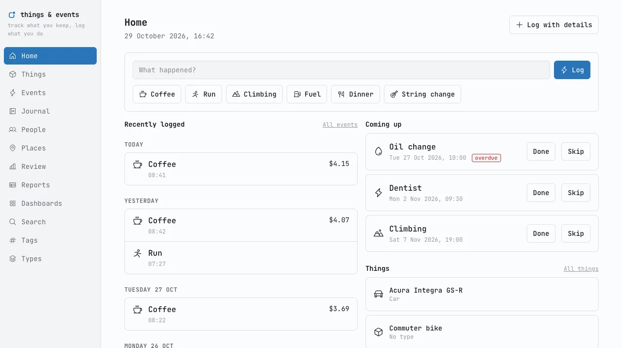The home page: a box to log something, buttons for the most-used kinds of log, recent logs and what's coming up