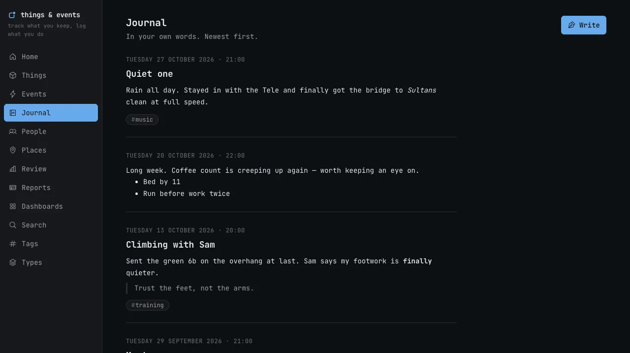 The journal: dated entries with titles, formatted text and tags