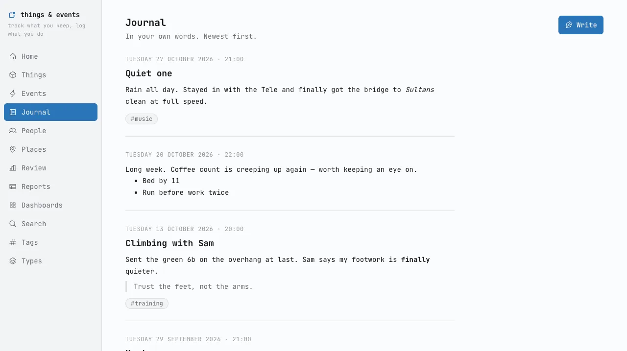 The journal: dated entries with titles, formatted text and tags